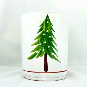 Terra Cotta White Glazed Utensil Holder Wine Keeper Pine Tree Christmas Holiday